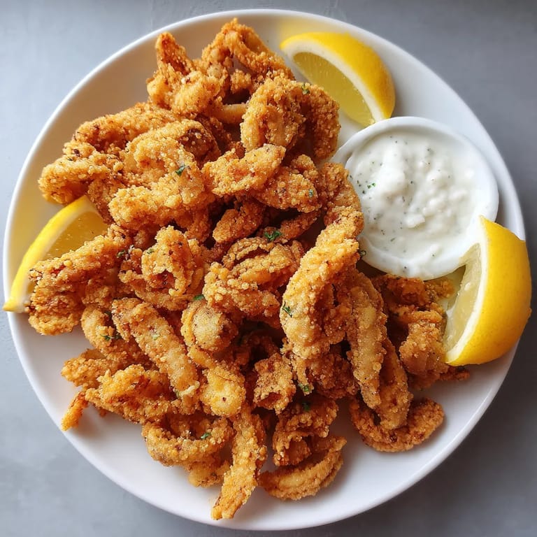 A plate of fried shrimp with lemon wedges and a side of ranch dressing.