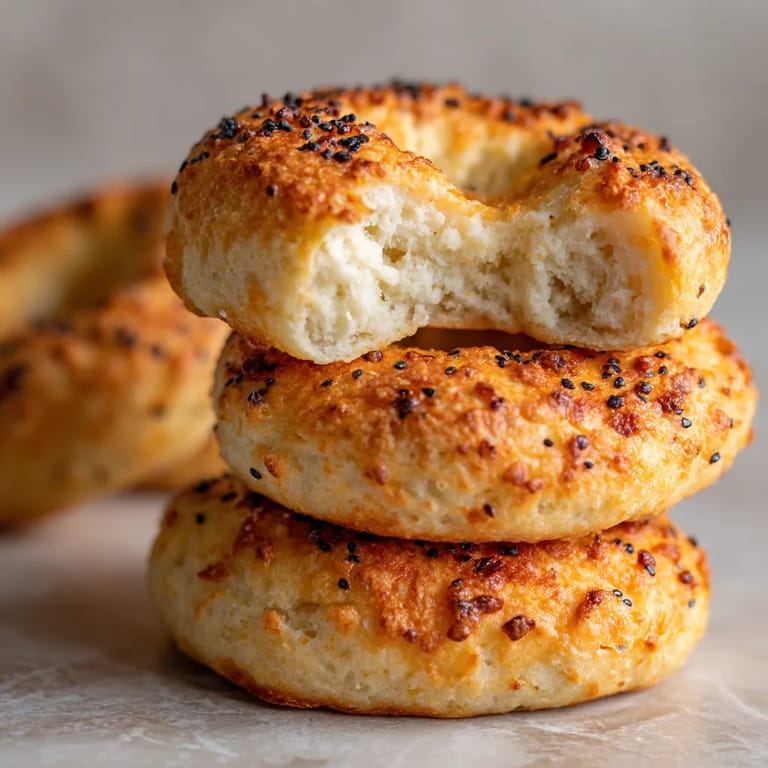 Three bagels stacked on top of each other.