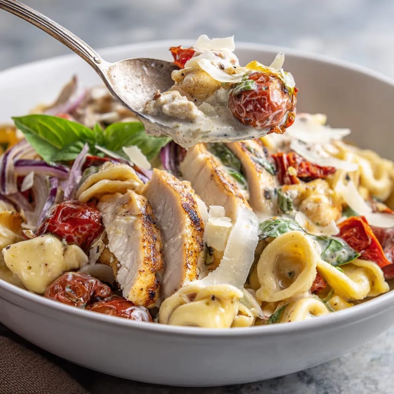 A bowl of pasta with chicken and tomatoes.