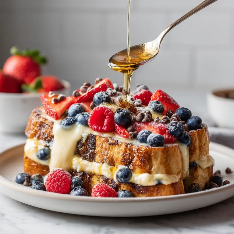 A stack of French toast with strawberries and blueberries.