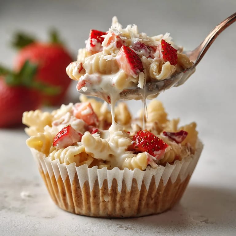 A spoonful of macaroni and cheese with strawberries on top.