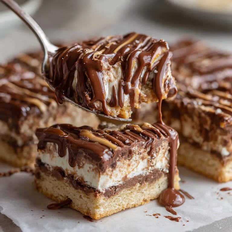 A piece of cake with chocolate drizzled on it.