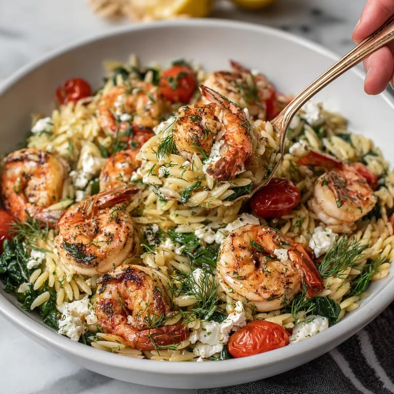 A person is holding a fork over a bowl of shrimp and pasta.