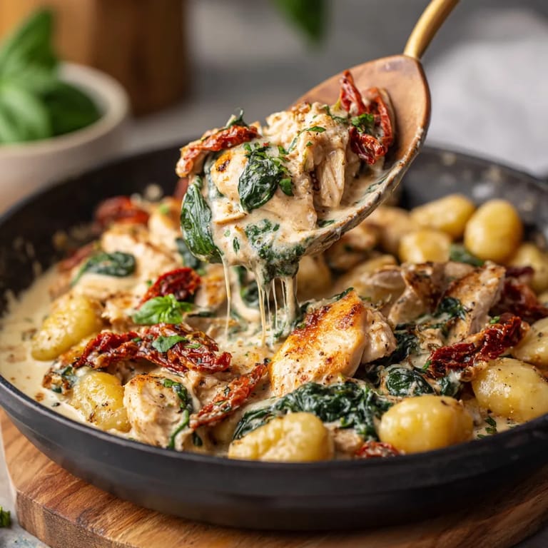 A spoon is being used to scoop chicken and vegetables from a pan.