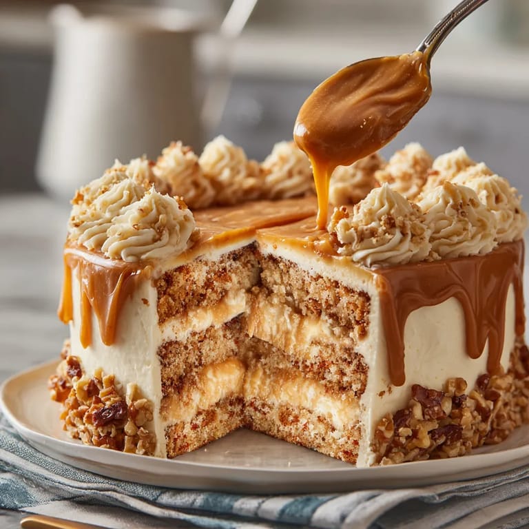 A slice of cake with caramel drizzled on top.