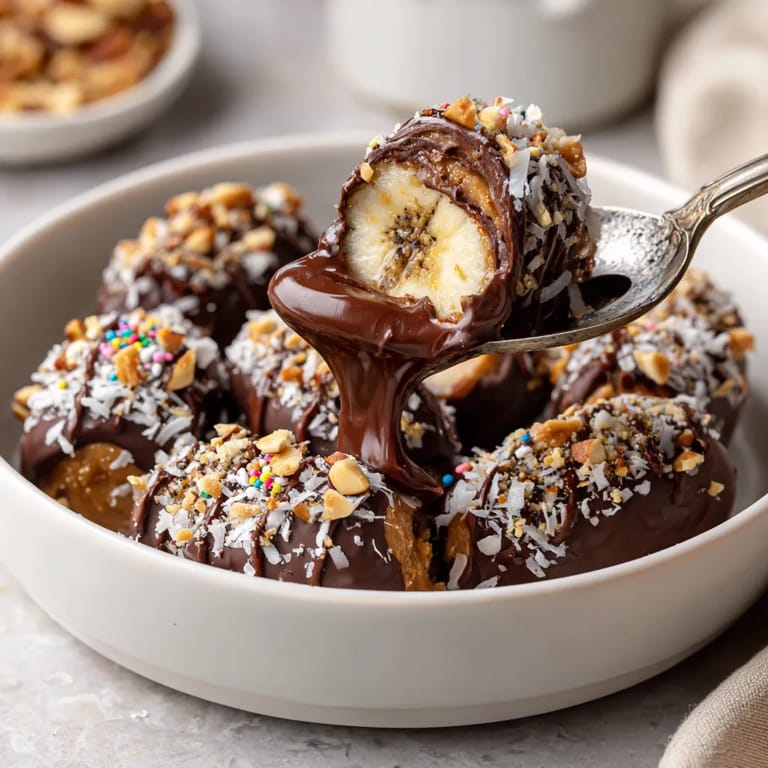 A bowl of chocolate covered bananas.