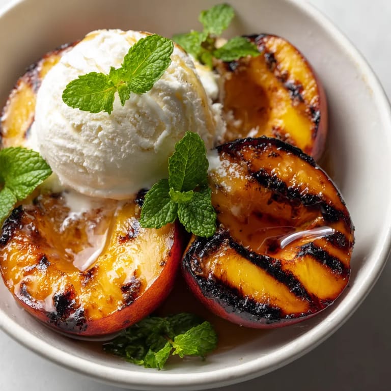 A bowl of peaches with mint leaves and ice cream.