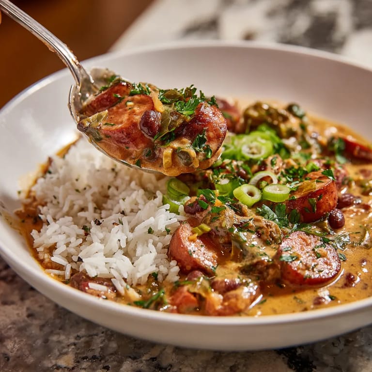 A bowl of soup with a spoon in it.