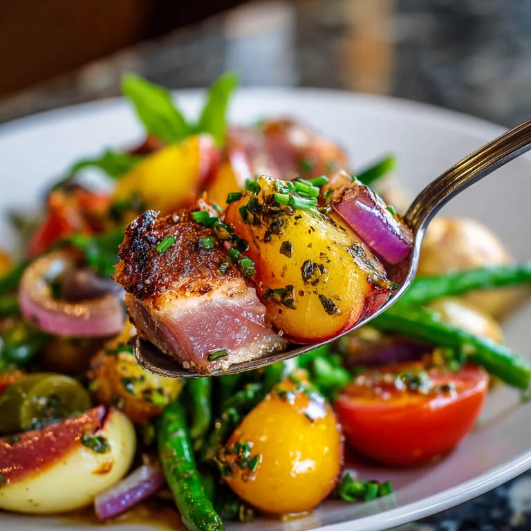 Une assiette de légumes et de viande, avec une fourchette qui y est plongée.