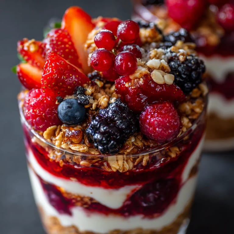 A glass of fruit with strawberries, blueberries, raspberries, and blackberries.
