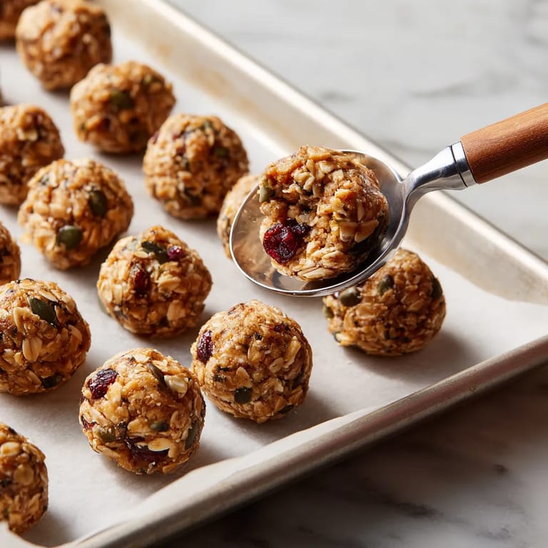 A spoon is scooping up a granola ball.