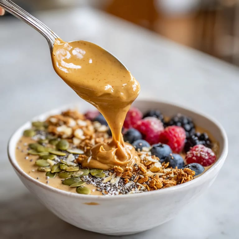 A spoonful of peanut butter is being poured into a bowl of granola.