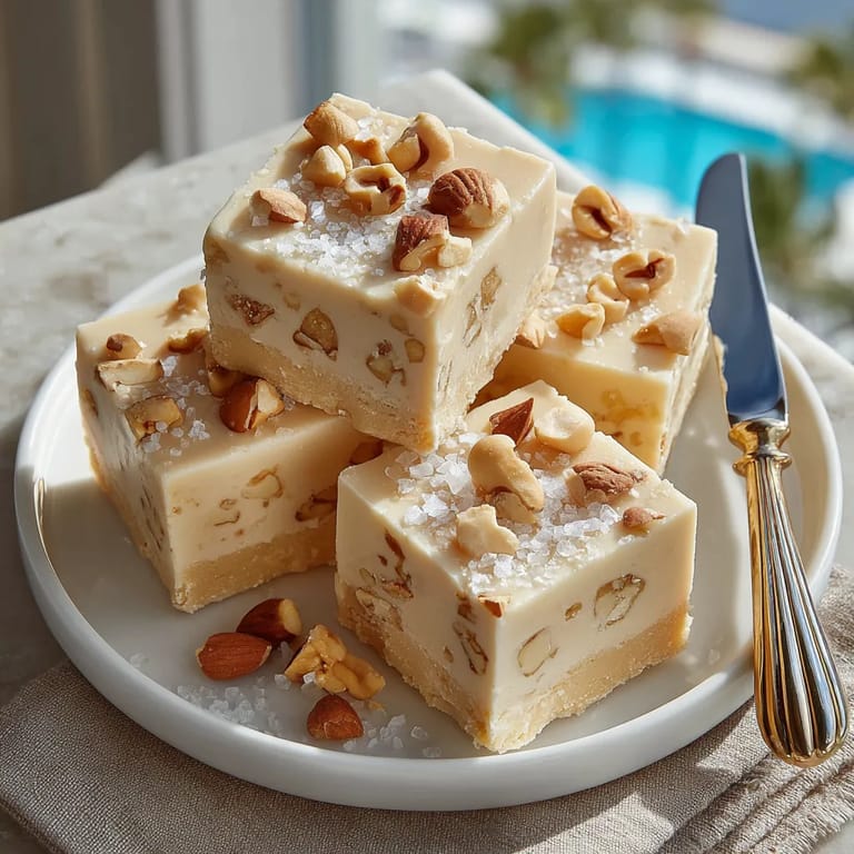 A plate of cake with nuts on top.