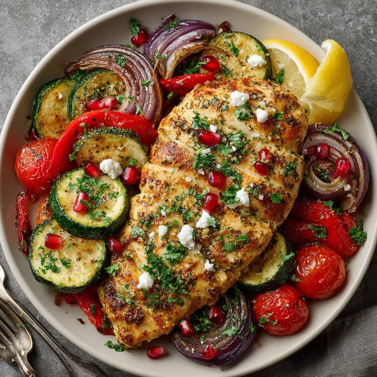 A plate of food with chicken, tomatoes, onions, and peppers.