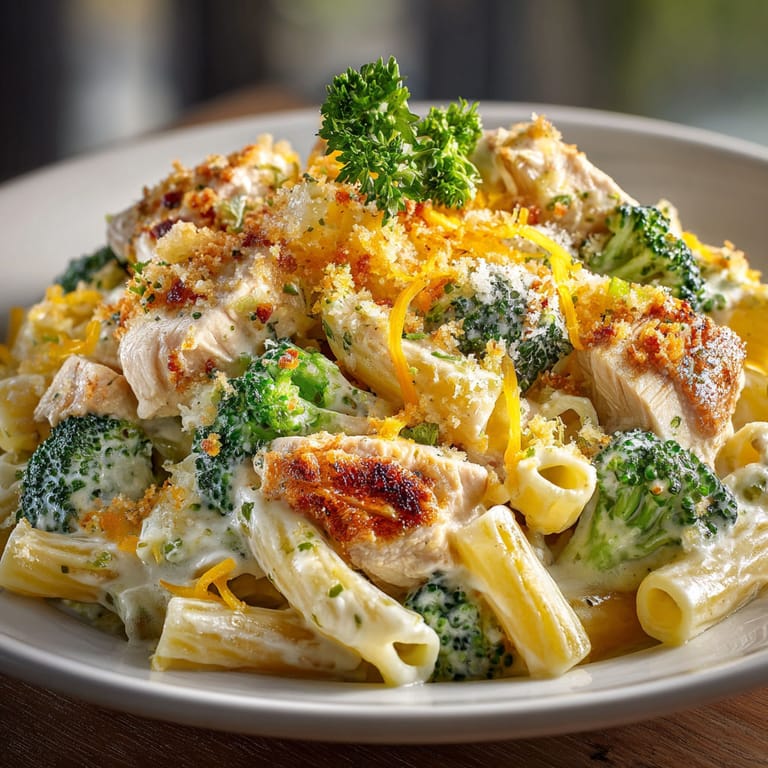 A delicious one-pot chicken and broccoli pasta bake.
