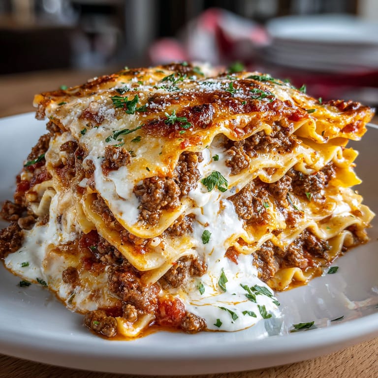 A plate of lasagna with white sauce on top.