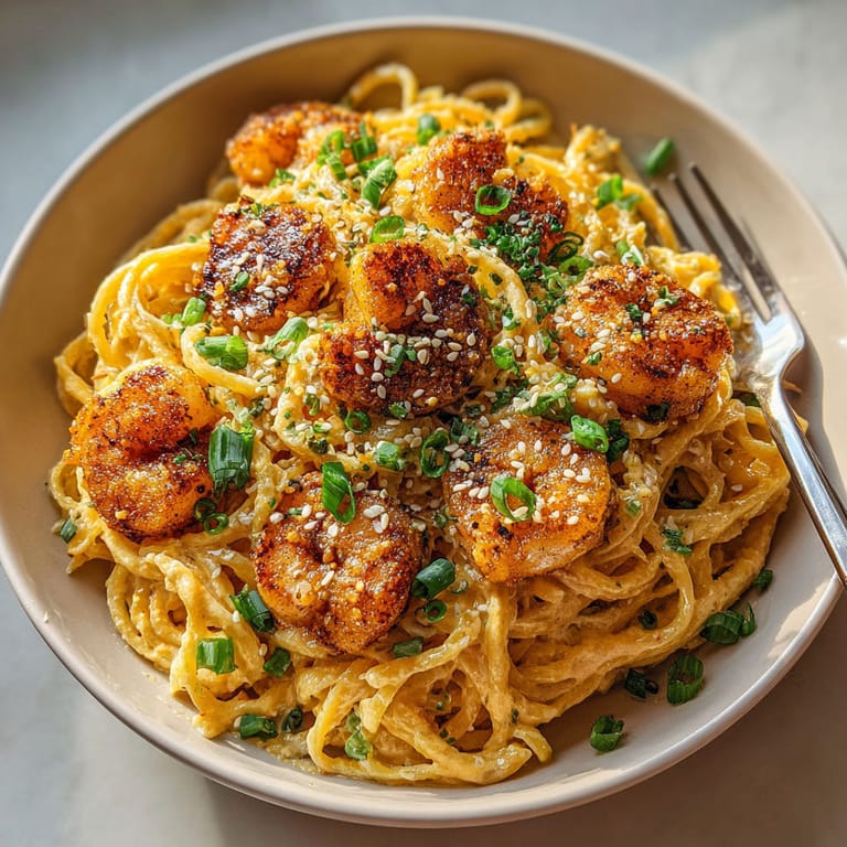 A bowl of homemade bang bang shrimp pasta.