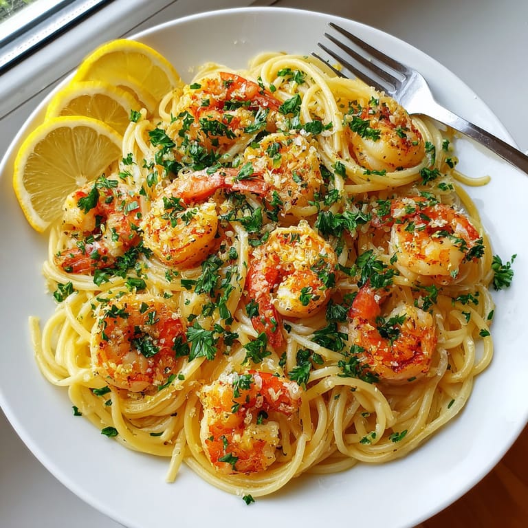 A plate of pasta with shrimp and lemon.