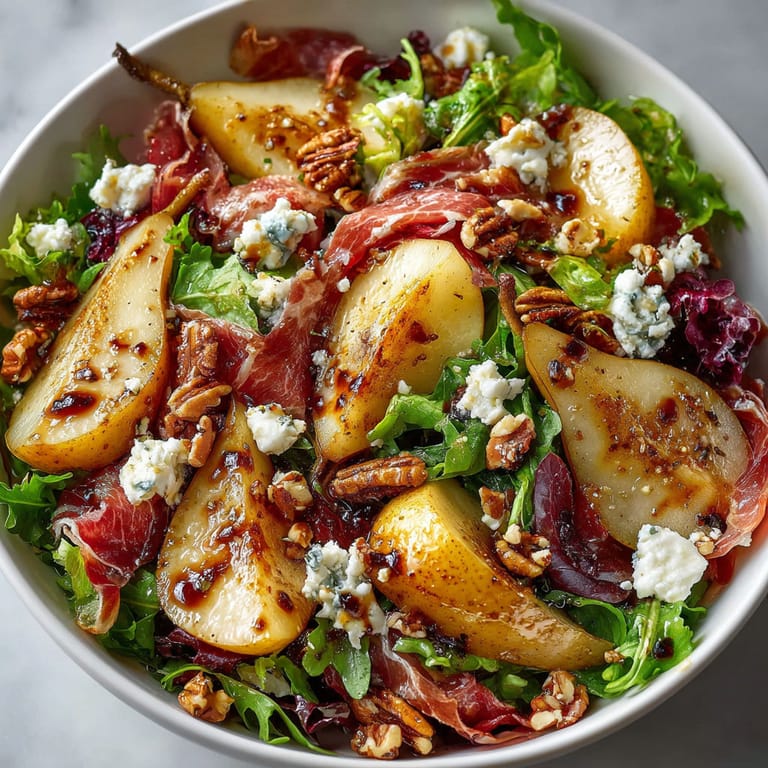 A bowl of warm pear and prosciutto salad with feta.