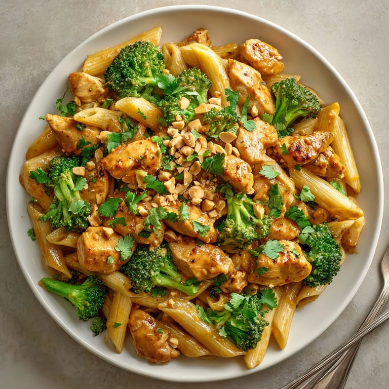 A plate of pasta with chicken and broccoli.
