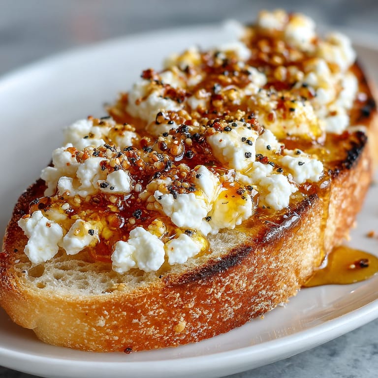 A slice of bread with feta cheese and honey on top.