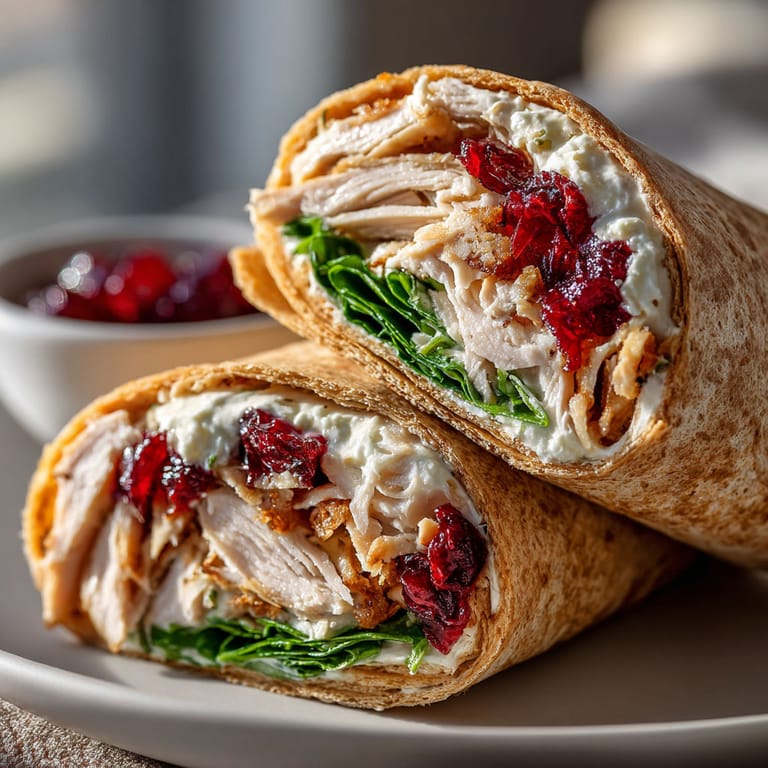 Two turkey, cranberry and cheese wraps on a plate.