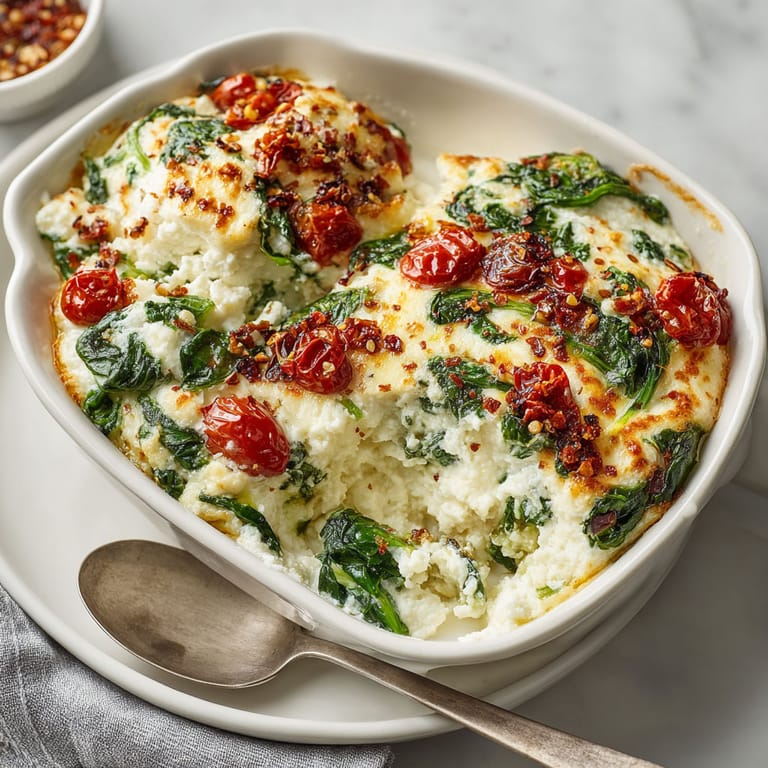 A dish of baked ricotta with spinach and tomatoes.