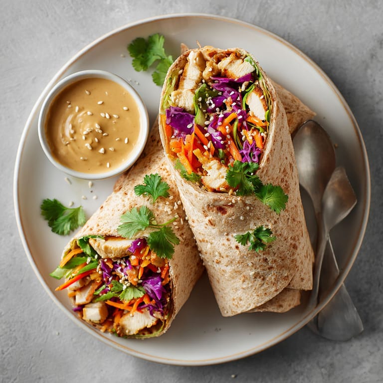 A plate with a wrap and a sauce.