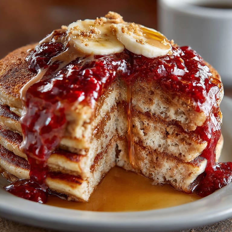 A stack of pancakes with bananas and eggs on top.