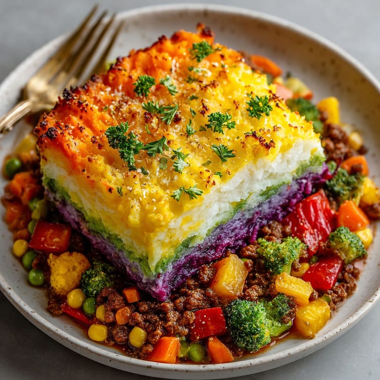A plate of food with a rainbow cake.