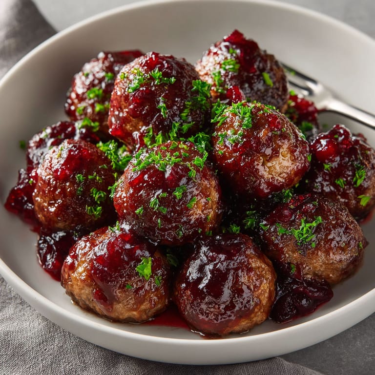 A plate of meatballs covered in cherry sauce.