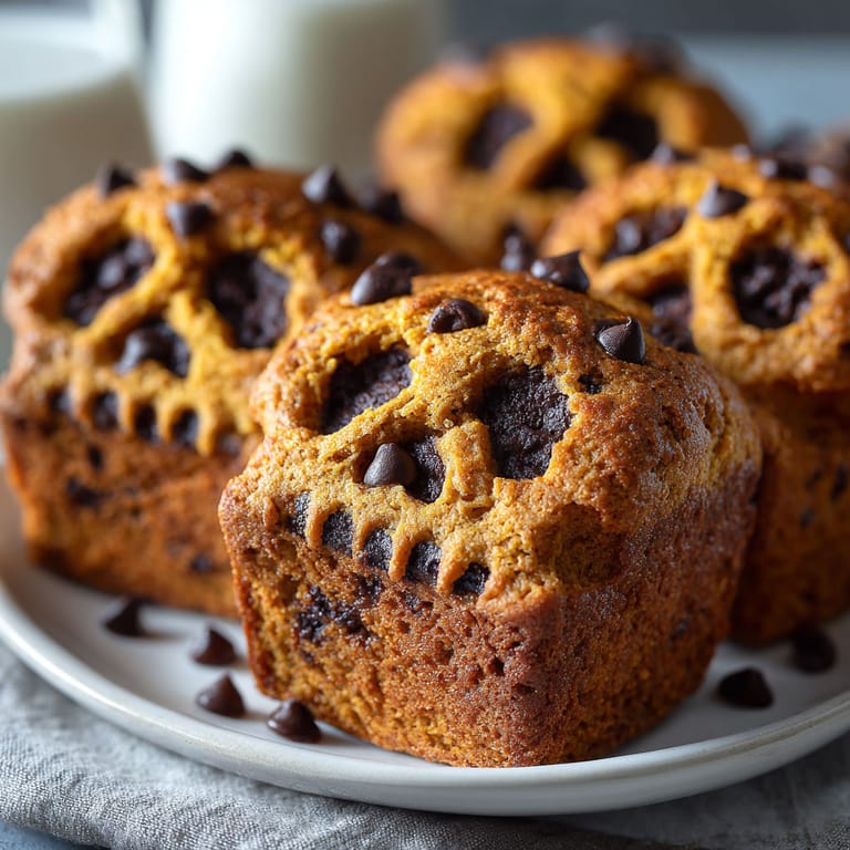 A plate of pumpkin bread with chocolate chips.