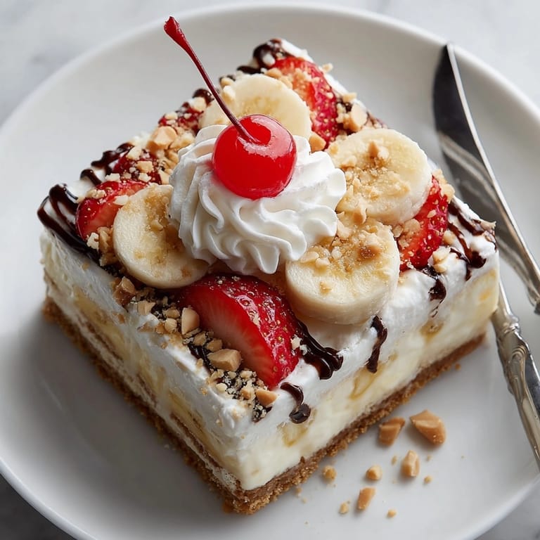 Slice of Banana Split Icebox Pudding Bars showing vibrant layers of pudding, bananas, and strawberries
