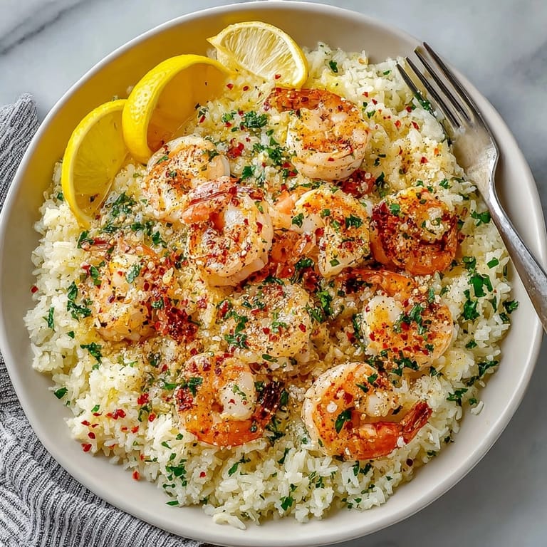 Plated serving of Garlic Butter Shrimp &amp; Rice Bake with lemon wedge and vibrant herbs for garnish.