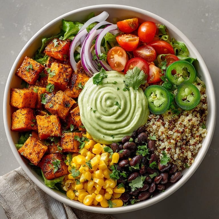 Close-up of Sweet Potato Black Bean Power Bowls topped with avocado crema and fresh veggies.