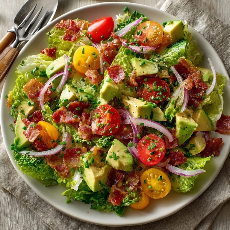 Closeup of Avocado BLT Salad with Citrus Vinaigrette, tossed and ready to serve for lunch