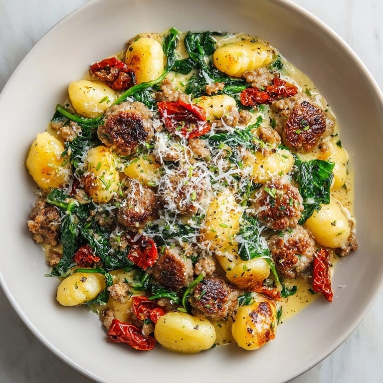 Creamy skillet Tuscan sausage gnocchi plated hot, garnished with fresh spinach and extra Parmesan