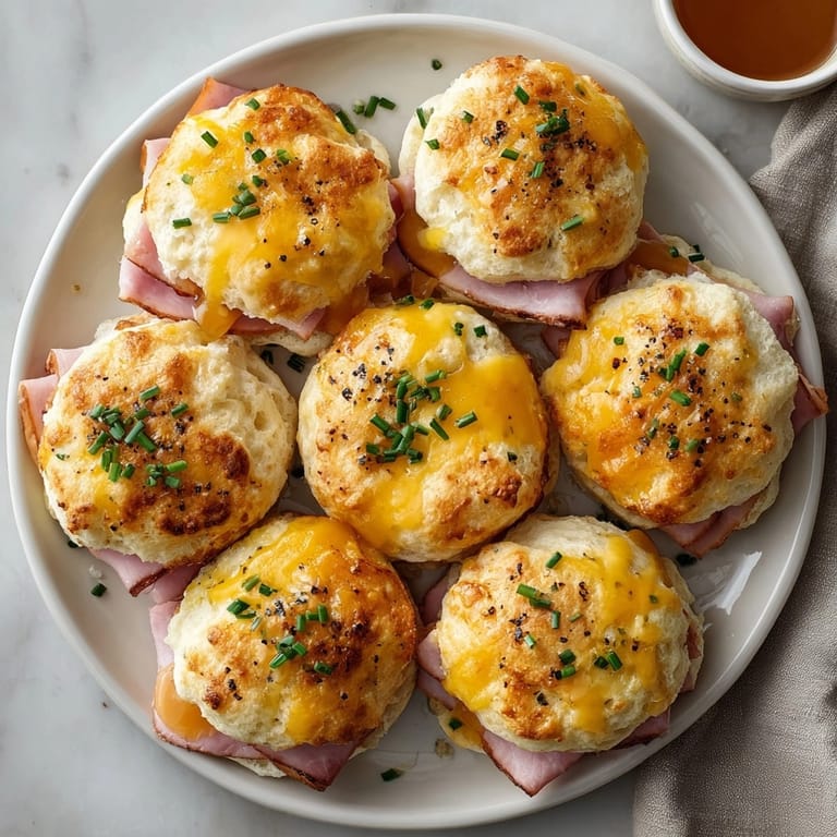 Warm buttermilk biscuit breakfast sliders with ham and honey, garnished with fresh chives for a savory-sweet bite.