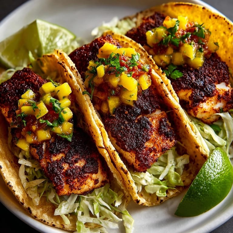 Juicy grilled fish tacos topped with bright mango salsa, ready for a summer dinner.