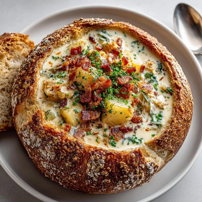 Golden sourdough bread bowls filled with rich clam chowder, perfect for cozy family dinners.