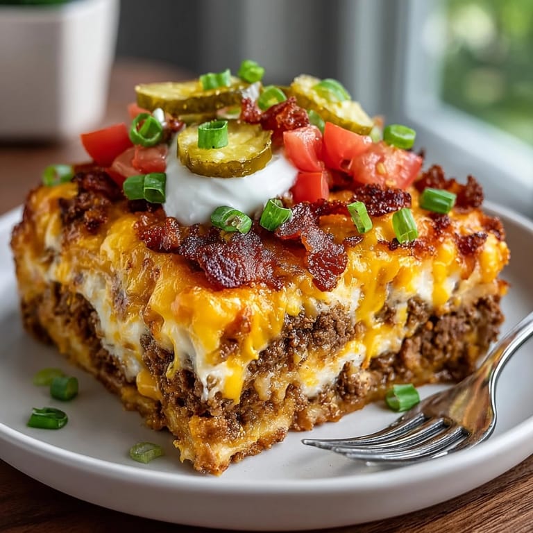 Sliced dill pickles and crispy bacon garnish the Pickle Fix Bacon Cheeseburger Casserole in a casserole dish.