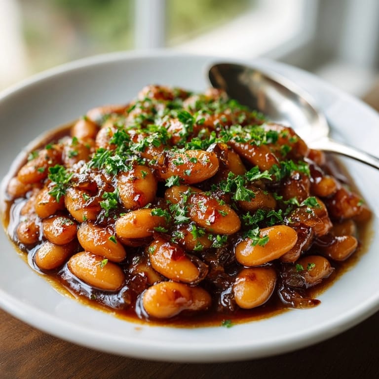 Creamy Maple Butter Baked Beans in a Dutch oven, perfect for cozy family brunches