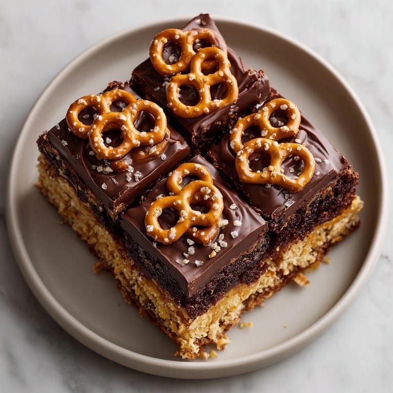 Moist Chocolate-Dipped Pretzel Sheet Cake on a platter with glossy chocolate and salted pretzel garnish