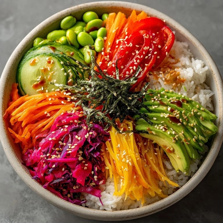 Vibrant Rainbow Veggie Sushi Bowls served with pickled ginger and nori strips for garnish
