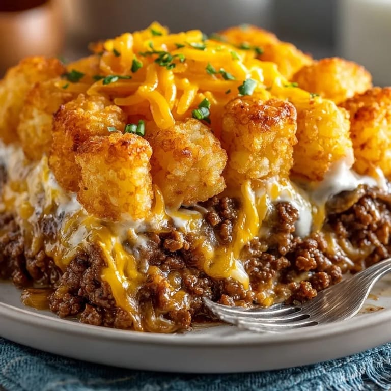 Cheesy Beef &amp; Cheddar Tater Tot Bake served golden brown perfect for cozy family dinners.
