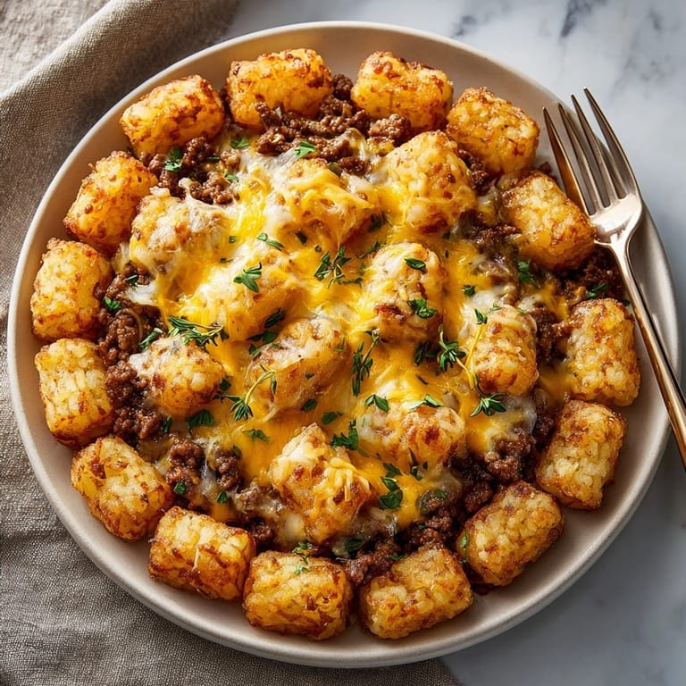 Close-up of Beef &amp; Cheddar Tater Tot Bake with rich beef filling and crisp potato topping.