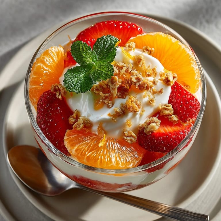 Layered Sunrise Citrus &amp; Strawberry Parfait Bowls garnished with orange zest and mint for breakfast.