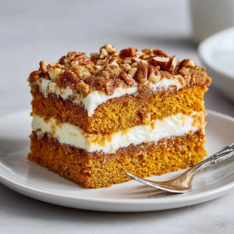 Close-up of Pumpkin Split Sheet Cake showing spiced layers and creamy filling, ideal for autumn parties.