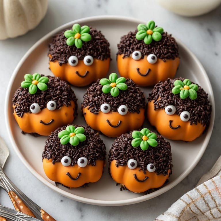 Easy Halloween Chocolate-Covered Pretzel Pumpkins recipe; fun, sweet treat with cute decorations.