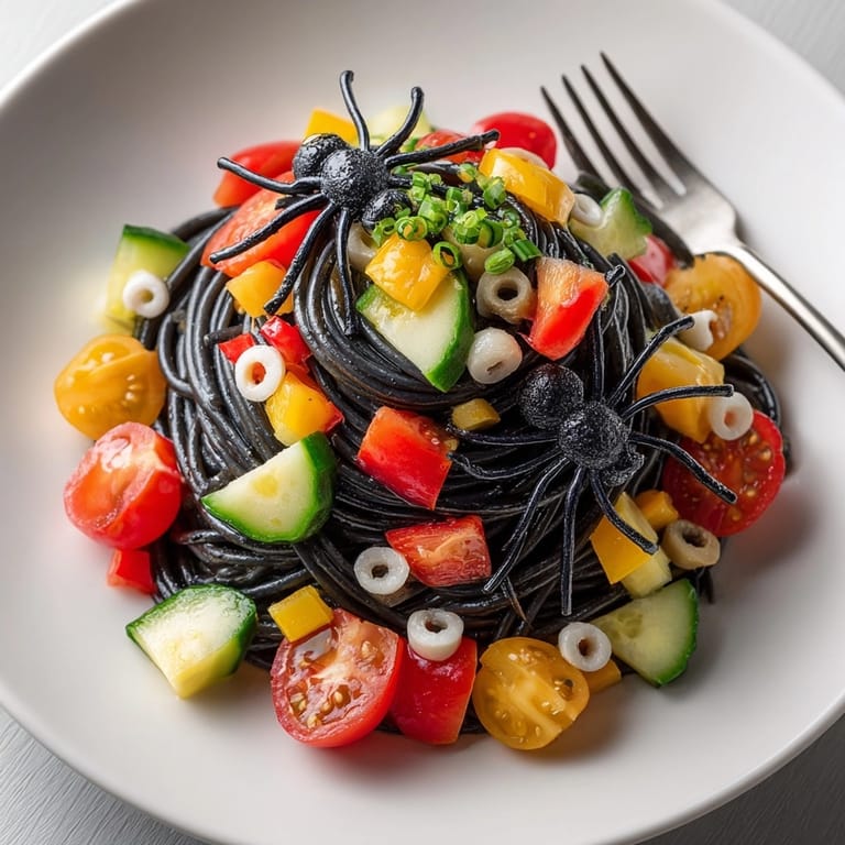 Visually striking Creepy Crawly Pasta Salad with &quot;spider&quot; garnishes; a delightful Halloween side.